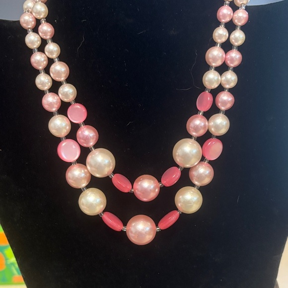 Vintage Japan stamped 2 strand pink and white pearls with moon glow discs - Picture 6 of 7